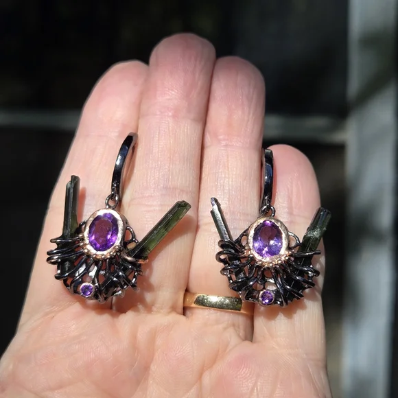 Amethyst & Tourmaline sterling rhodium & gold modern deco earrings - Picture 4 of 12